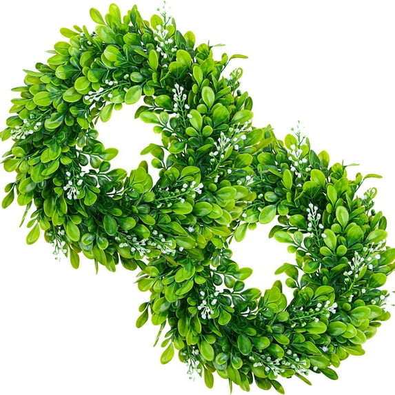 AURORA TRADE 12in Faux Boxwood Wreath, Artificial Green Leaves Wreath with White Flower Farmhouse Wreath for Front Door Window Wall Party Home Decor,2Pack