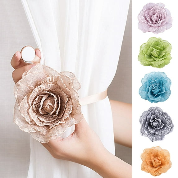 AURORA TRADE 2 Piece Large Cloth Flower Magnetic Curtain Tieback Wedding Decorative Holdbacks Rope American Rustic Style Drapery Holder Clip for Girl's Room