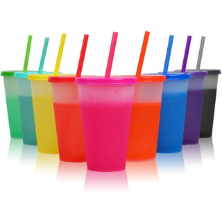 12oz Plastic Cups with Lids & Straws - 7 Pack Reusable Color