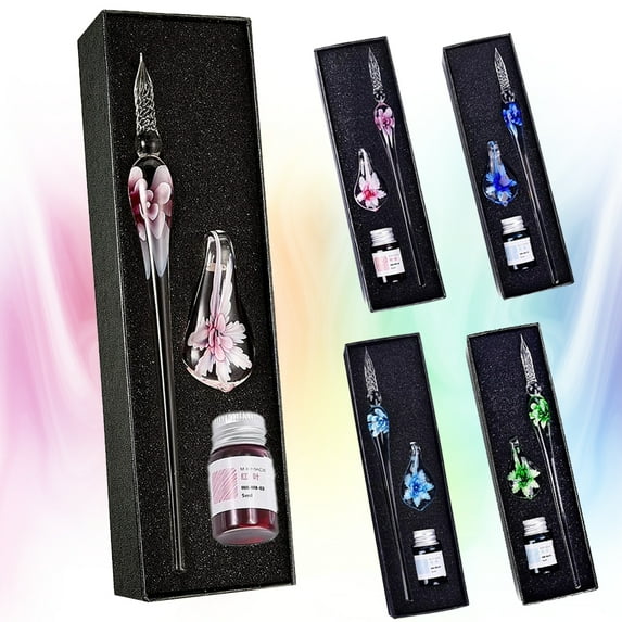 AURORA TRADE Glass Dip Pen Intarsia Jellyfish Dip Pen Fountain Pen Kit Calligraphy Signatures Pen with Bottle Ink and Pen Holder