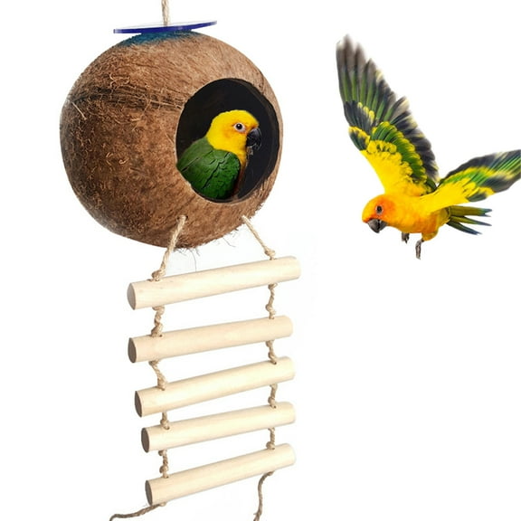 AURORA TRADE Hanging Coconut Bird House with Ladder,Natural Coconut Fiber Shell Bird Nest for Parrot Parakeet Lovebird Finch Canary,Coconut Hide Bird Swing Toys for Hamster,Bird Cage Accessories