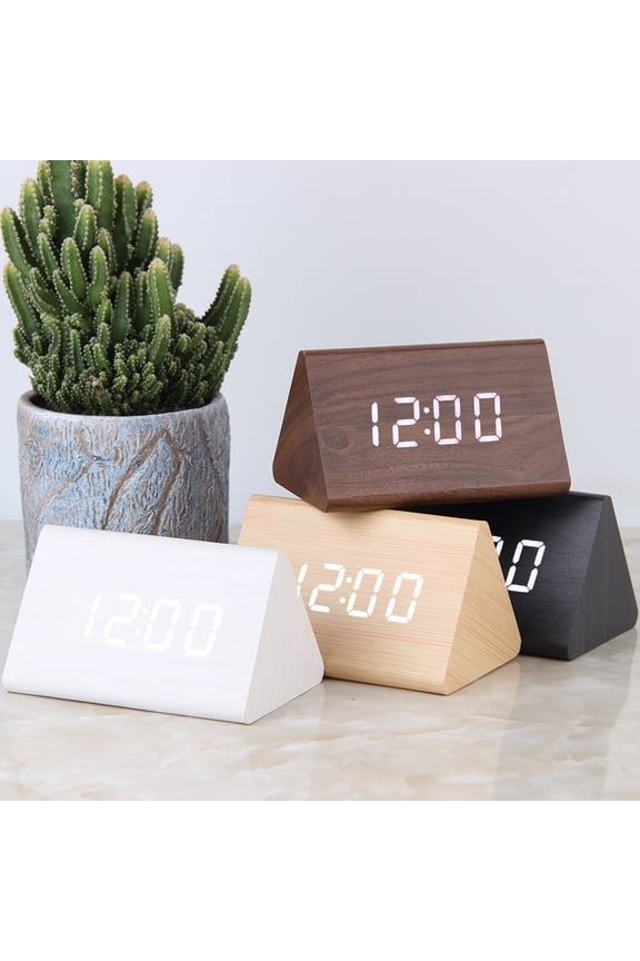 AURORA TRADE Modern Triangle Wood Clock Digital LED Wooden Alarm Clocks Digital Desk Thermometer Classical Timer Calendar