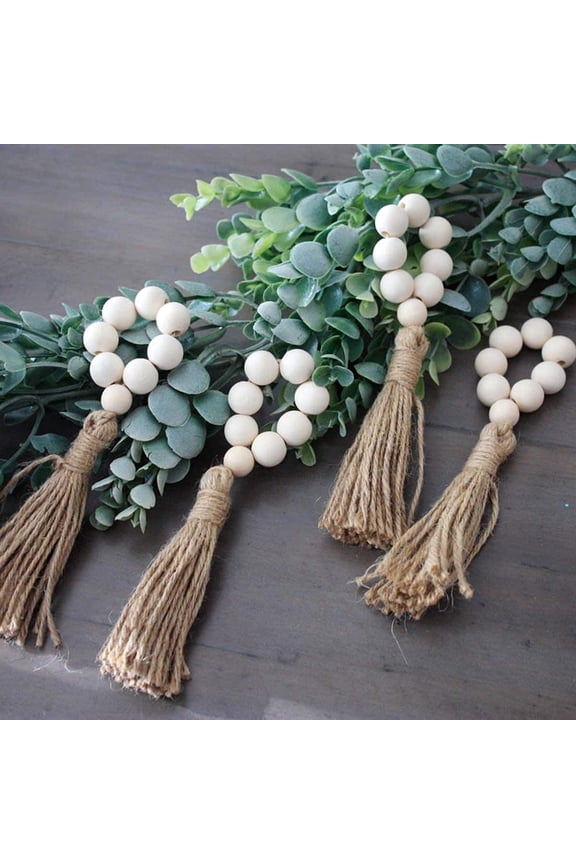 AURORA TRADE Napkin Rings Farmhouse Natural White Wooden Beads Tassels,4PCS