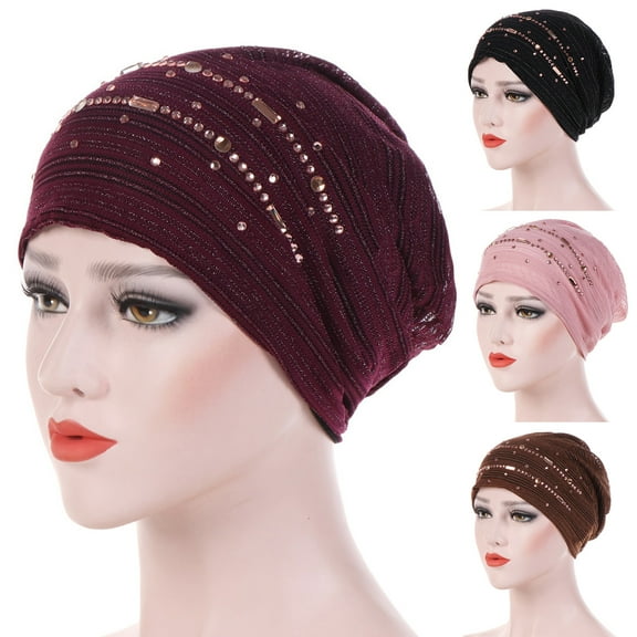 AURORA TRADE Rhinestone Fold Thin Headscarf Hat Shiny Stetchy Women Wrap Hat Hair Accessories