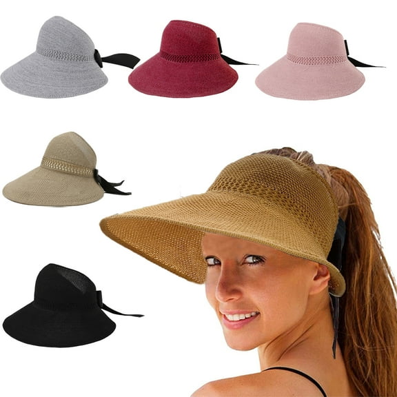AURORA TRADE Women Straw Sun Visor Hat Wide Brim Summer UV Beach Cap Foldable Packale Korean Style