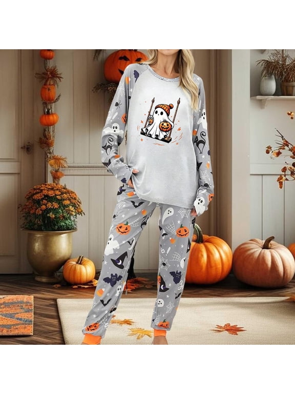2026 Hot Sales Halloween Pajama Sets for Women Long Sleeve 2 Piece Sleepwear Cute Ghost Pumpkin Print Jogger Pants Lounge Set Soft Comfy Night Wear 2 Piece Pjs S