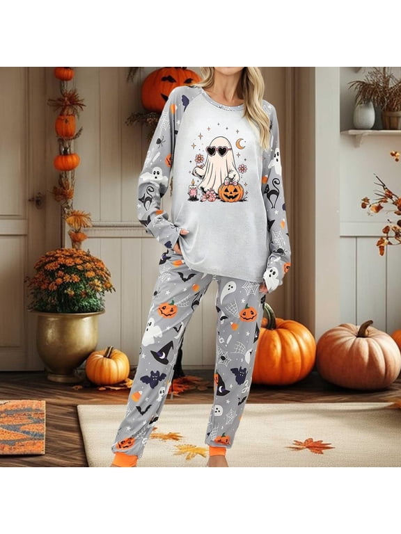 2026 Hot Sales Halloween Pajama Sets for Women Long Sleeve 2 Piece Sleepwear Cute Ghost Pumpkin Print Jogger Pants Lounge Set Soft Comfy Night Wear 2 Piece Pjs 2XL