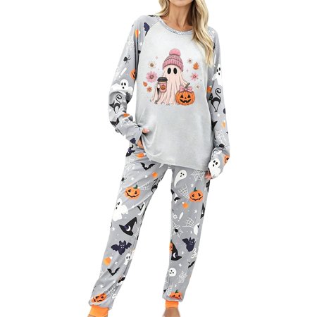 AURORADY 2026 Hot Sales Halloween Pajamas Women Lightweight Ghost Graphic Long Sleeve Pullover and Pants 2 Piece Soft Comfy Nightwear Lounge Outfits 2XL