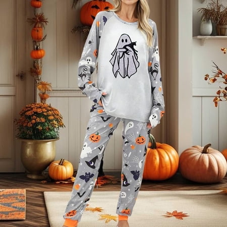 AURORADY 2026 Hot Sales Women's Halloween Pajamas Set Soft Lightweight Ghost Graphic Long Sleeve Pullover and Pants 2 Piece Sleepwear Lounge Outfits S