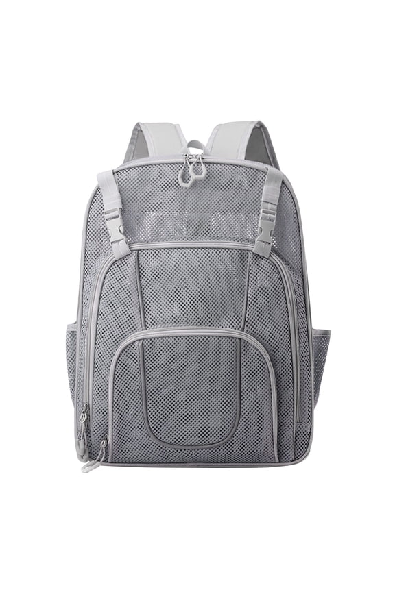 AURORADY Hot Sales 2026 Grey Mesh Backpack Silver Reflective Trim Multi Layer Zipper Compartments See Through Net Daypack Swimming Beach Gym Travel School Backpack Dual Side Mesh Bottle Pockets