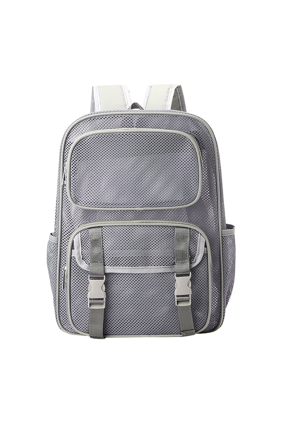 AURORADY Hot Sales 2026 Grey Transparent Mesh Backpack Dual Buckle Front Strap Multi Layer Zipper Compartments See Through Net Swimming Beach Gym Travel School Backpack Dual Side Mesh Bottle Pockets