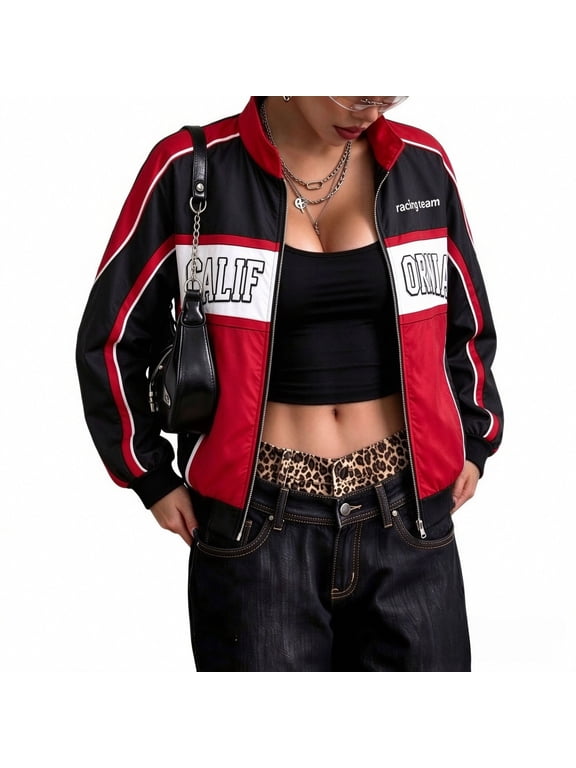 Women's Race Car Driver Jacket, Zip Up Racing Bomber Jacket, Y2K Streetwear Graphic Coat, Retro Racer Costume Outerwear
