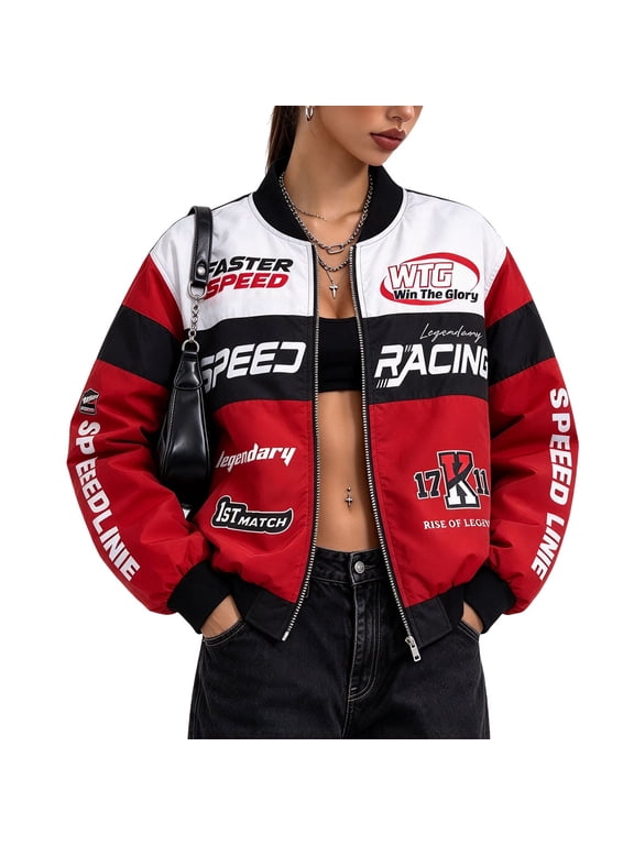 Women's Vintage Race Car Driver Jacket, Zip Up Bomber Jacket, Lightweight Graphic Streetwear Coat, Retro Racer Costume Outerwear