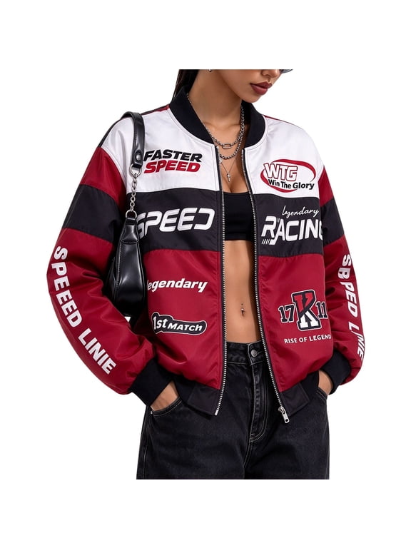 Women's Vintage Race Car Driver Jacket, Zip Up Bomber Jacket, Lightweight Graphic Streetwear Coat, Retro Racer Costume Outerwear