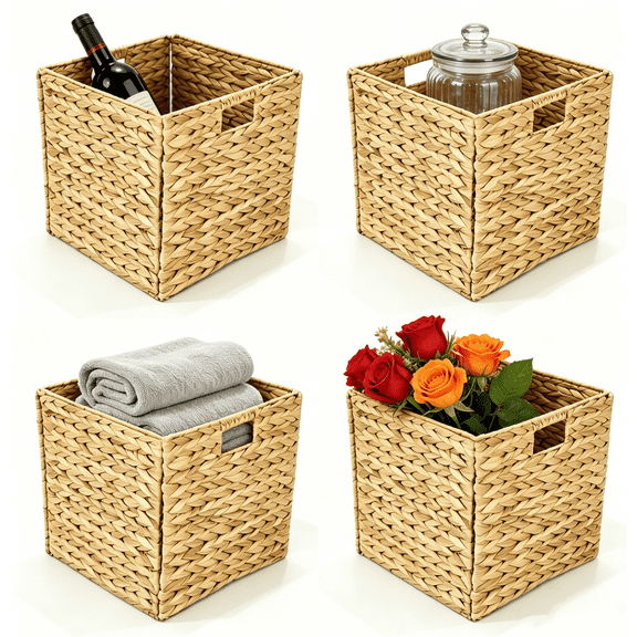 AURORAL ZONE Storage Baskets 4 Pack, 10.5x10.5x11 Inch Collapsible Water Hyacinth Storage Bins, Woven Cube Organizers with Handles for Shelves, Closet, Laundry, Nursery