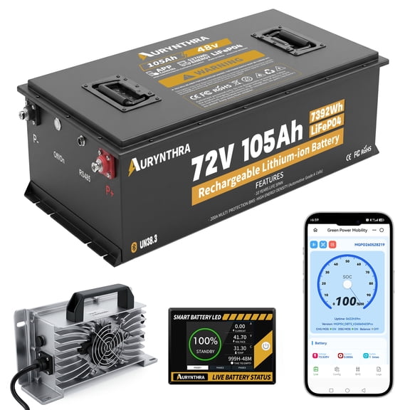 AURYNTHRA 72V 105Ah LiFePO4 Golf Cart Battery with 10A Charger & App