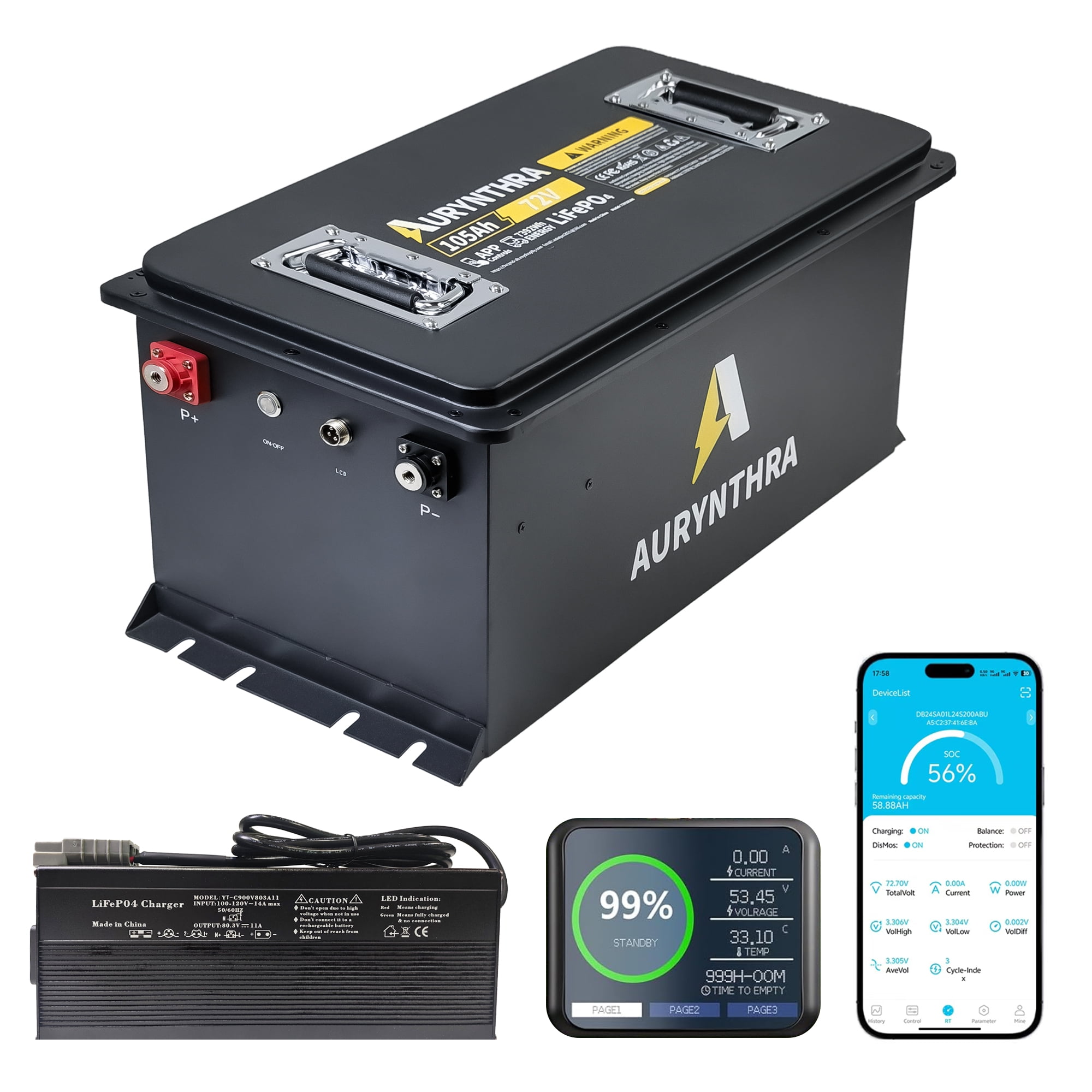 AURYNTHRA 72V (70.4V) 105Ah Lithium Golf Cart Battery, Built-in 200A BMS with Touch Display and Moble App, 4000+ Cycle, Maximum 14.08kW Power Output