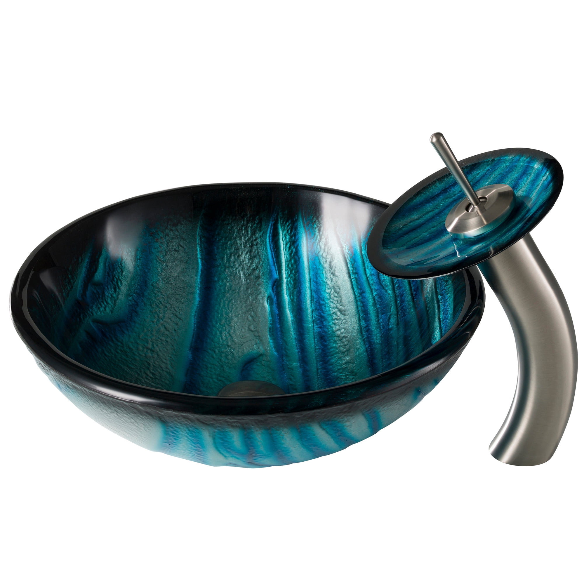 AUS Nature Series Blue Glass Bathroom Vessel Sink and Waterfall Faucet Combo Set with Matching Disk and Pop-Up Drain, Satin Nickel Finish