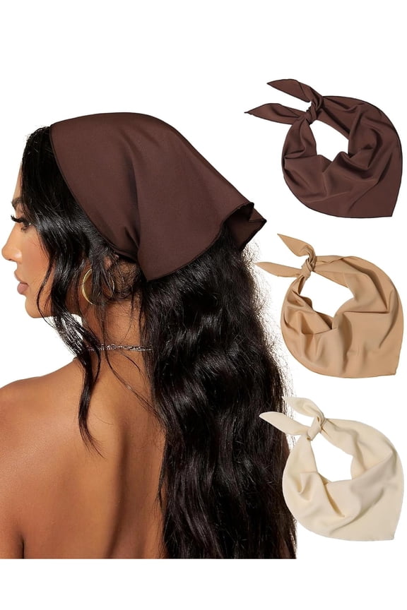 AUSALL 3Pcs Floral Hair Bandanas Chiffon Head Kerchief for Women Girls Boho Hair Scarf Headband Bandana Daisy Lace Head Scarf (Solid Color - Beige/Khaki/Brown)