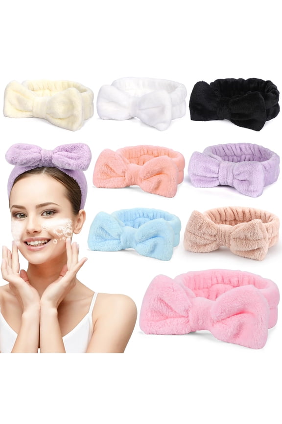 AUSALL 8 Pack Spa Bow Headbands, Coral Fleece Makeup Cosmetic Headband for Washing Face, Shower Terry Cloth Hair Band for Women Facial