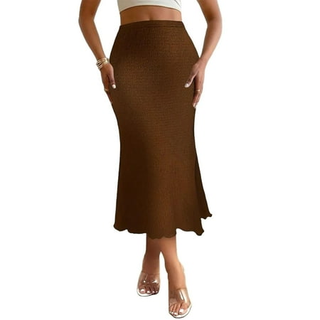 AUSDIOCA Long Skirts for Women High Waisted Solid Color Knit Fishtail Skirts for Summer or Spring