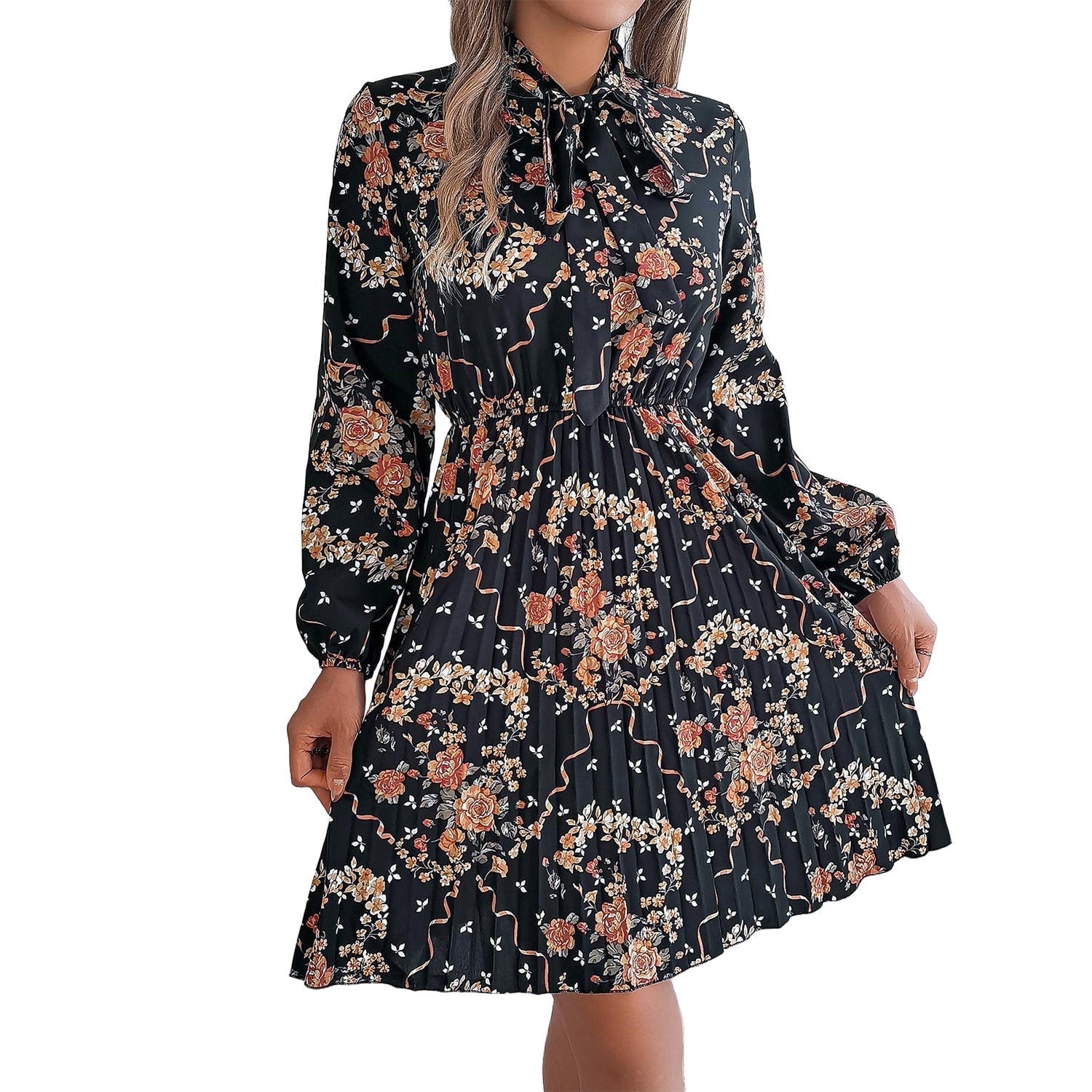 open lace back dress Black Floral Pleated Short Sleeve Chiffon Maternity Midi Dress main image 1