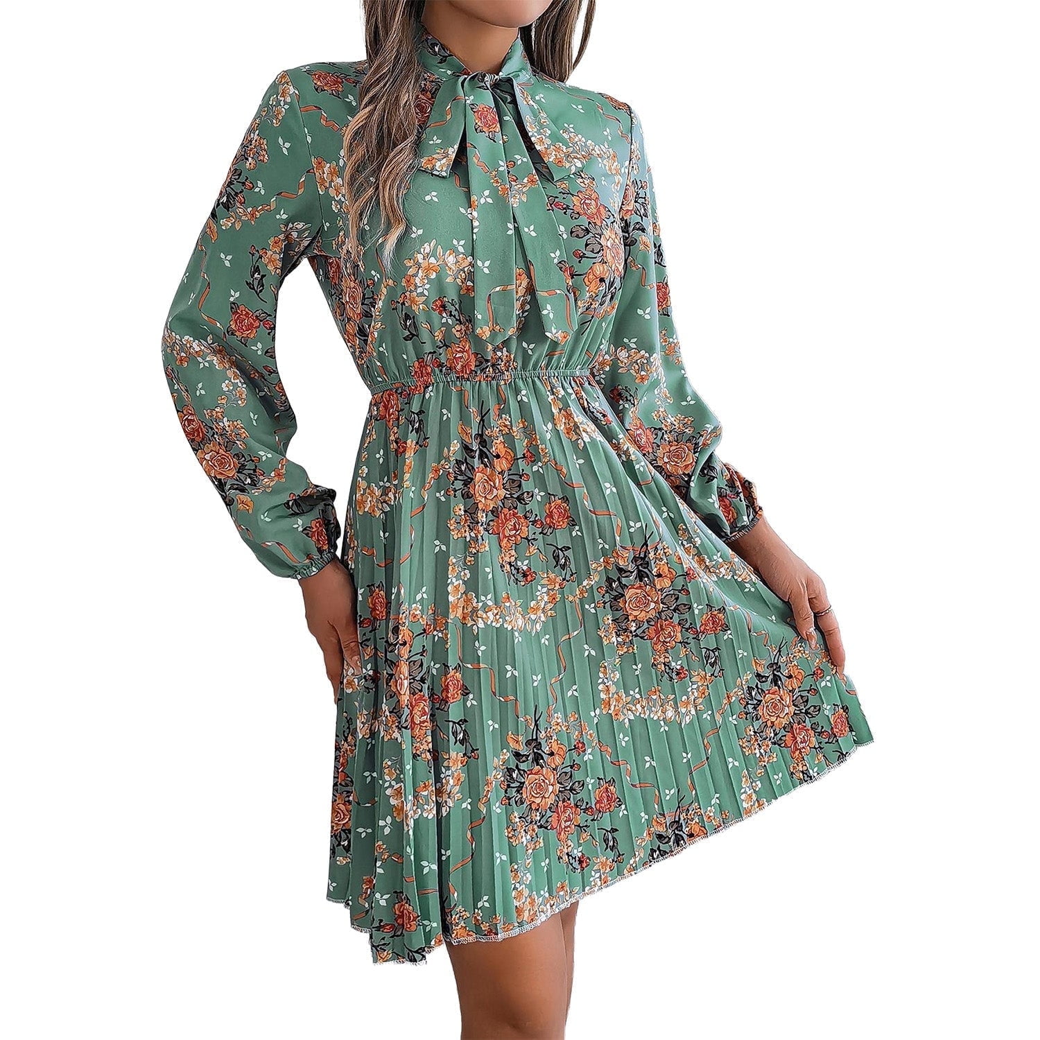 what color shoes go with kelly green dress Blue Floral Pleated Mika Midi Dress main image 0