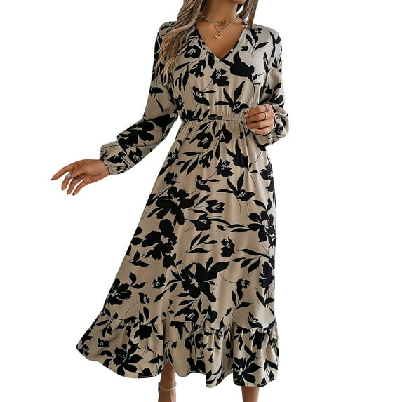 AUSDIOCA Long Sleeve Maxi Dress for Women Casual V Neck Garden Party Floral Dresses for Summer or Spring