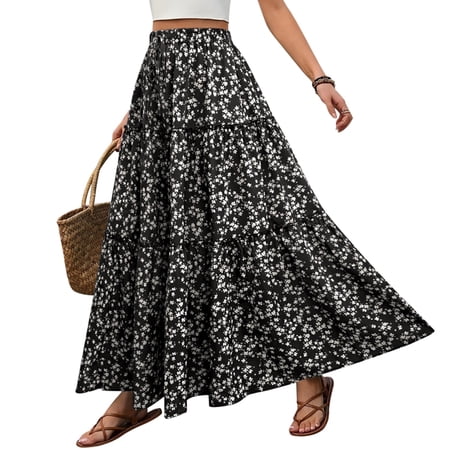 AUSDIOCA Maxi Skirts for Women High Waisted Elastic Long Floral Skirt for Summer(AS6002 Black Floral M)