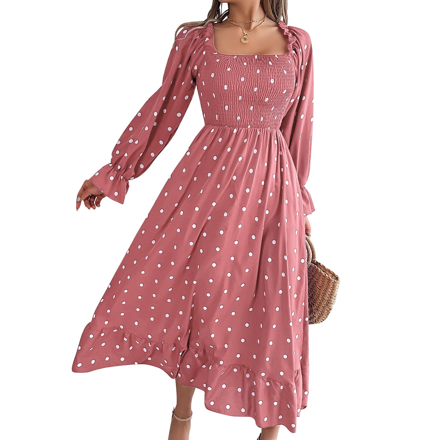 AUSDIOCA Puff Long Sleeve Maxi Dress for Women Casual Square Neck Garden Party Floral Dresses for Summer or Spring