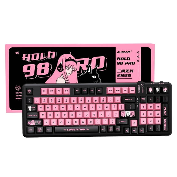 AUSDOM 98Pro Wireless Mechanical Gaming Keyboard, Tri-Mode (Bluetooth/2.4GHz/USB-C), Gasket Hot Swappable, Backlit, PBT Keycaps, Linear Switches, for Windows/Mac/PC(Manga Girl Theme)