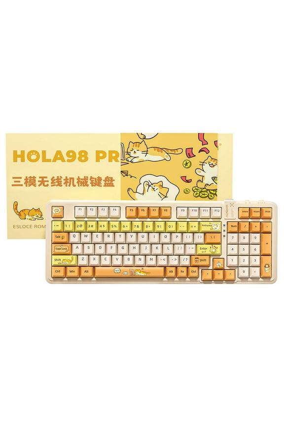 98Pro Wireless Mechanical Gaming Keyboard - Tri-Mode (Bluetooth/2.4GHz/USB-C), Hot Swappable Linear Switches, White Backlit, Gasket, PBT Keycaps, Compatible with Windows/Mac (Yellow Cat Theme)