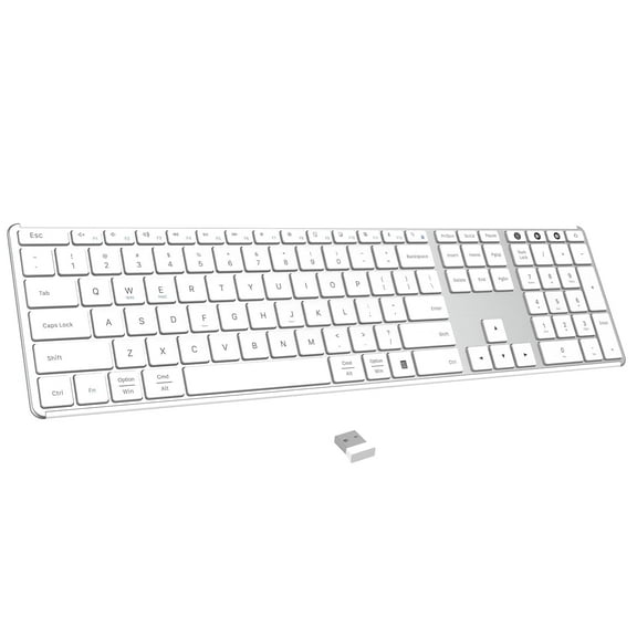AUSDOM Full Size Keyboard with Number Pad - 2.4G Wireless Bluetooth, Quiet Slim Multi-Device Rechargeable | Compatible with PC/Mac/Windows - White