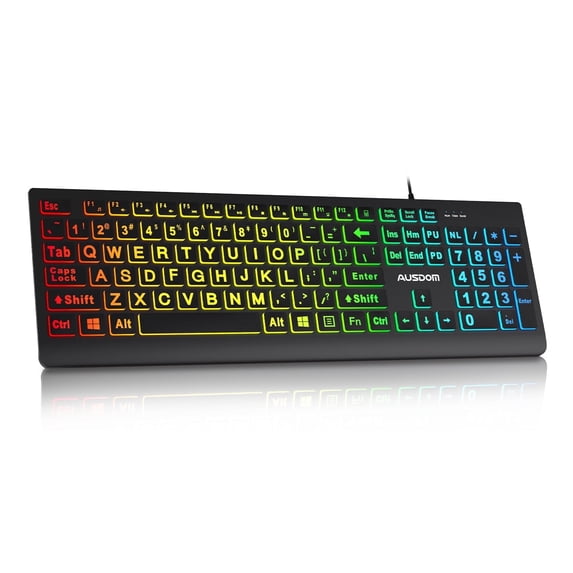 AUSDOM Large Print Backlit Wired USB Full Size Keyboard, Quiet Office ...