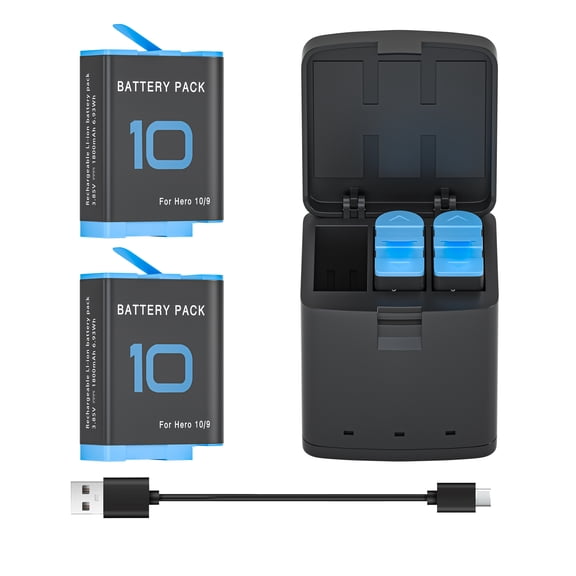 AUSIO 2 Pack Batteries fit for GoPro Hero 10, Hero 9 Black, 3-Channel Battery Charger Station for Hero 10 / Hero 9