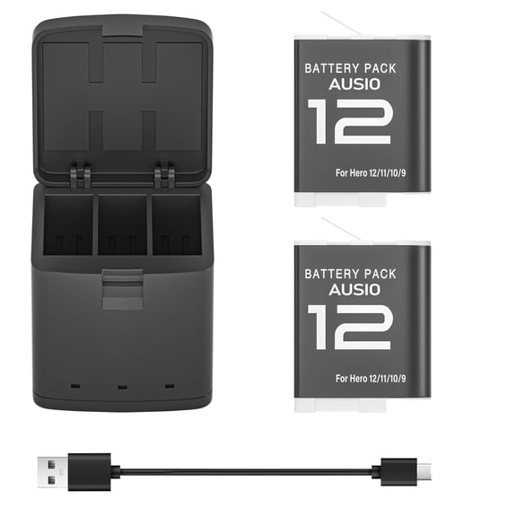 AUSIO Battery Charger Kit for GoPro Hero 12 11 10 9 Black Camera, 2-Pack 1800mAh Rechargable Batteries & Triple Charge Case with USB-C   Charging Cable for Go Pro 12 11 10 9 Batteries Accessories