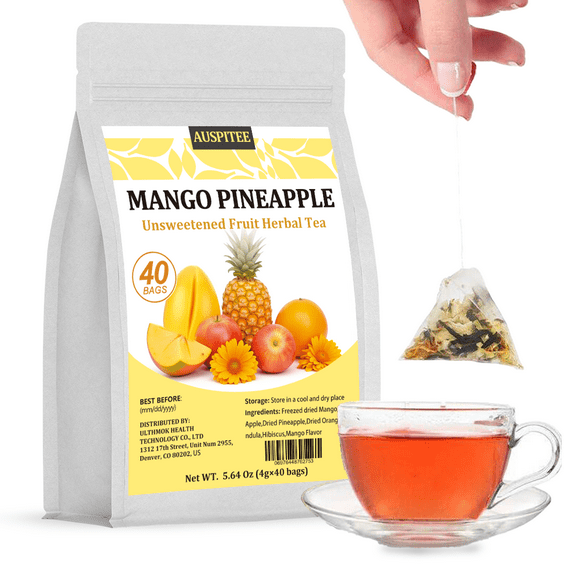 AUSPITEE Mango Pineapple Fruit Tea, 5.64oz (4g*40 bags), Apple, Orange Crush, Hibiscus, Slightly Sour Taste, Afternoon Tea