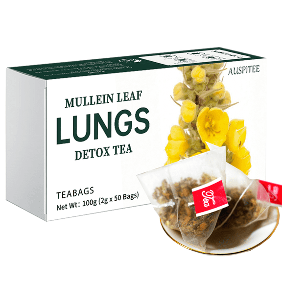 AUSPITEE Mullein Lungs Detox Tea Bags,Made with 6 Natural Herb Ingredients, Mullein Leaves, Dandelion Root, Thyme, Rooibos, Ginseng, Ginger,for Respiratory Support & Lung Health(50Bags)