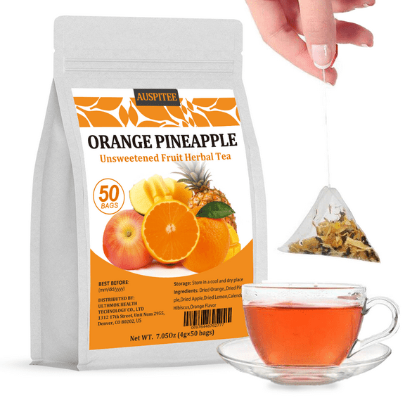 AUSPITEE Orange Pineapple Fruit Tea, 7.05oz (4g*50 bags), Apple, Lemon Crush, Hibiscus, Slightly Sour Taste, Afternoon Tea