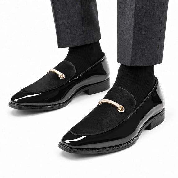 AUSTIN MILL Men's Classic Loafers, Patent Leather and Velvet Mixed Formal Dress Shoes, Slip-On Business Casual Tuxedo Shoes