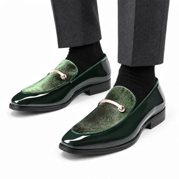 AUSTIN MILL Men's Classic Loafers, Patent Leather and Velvet Mixed Formal Dress Shoes, Slip-On Business Casual Tuxedo Shoes