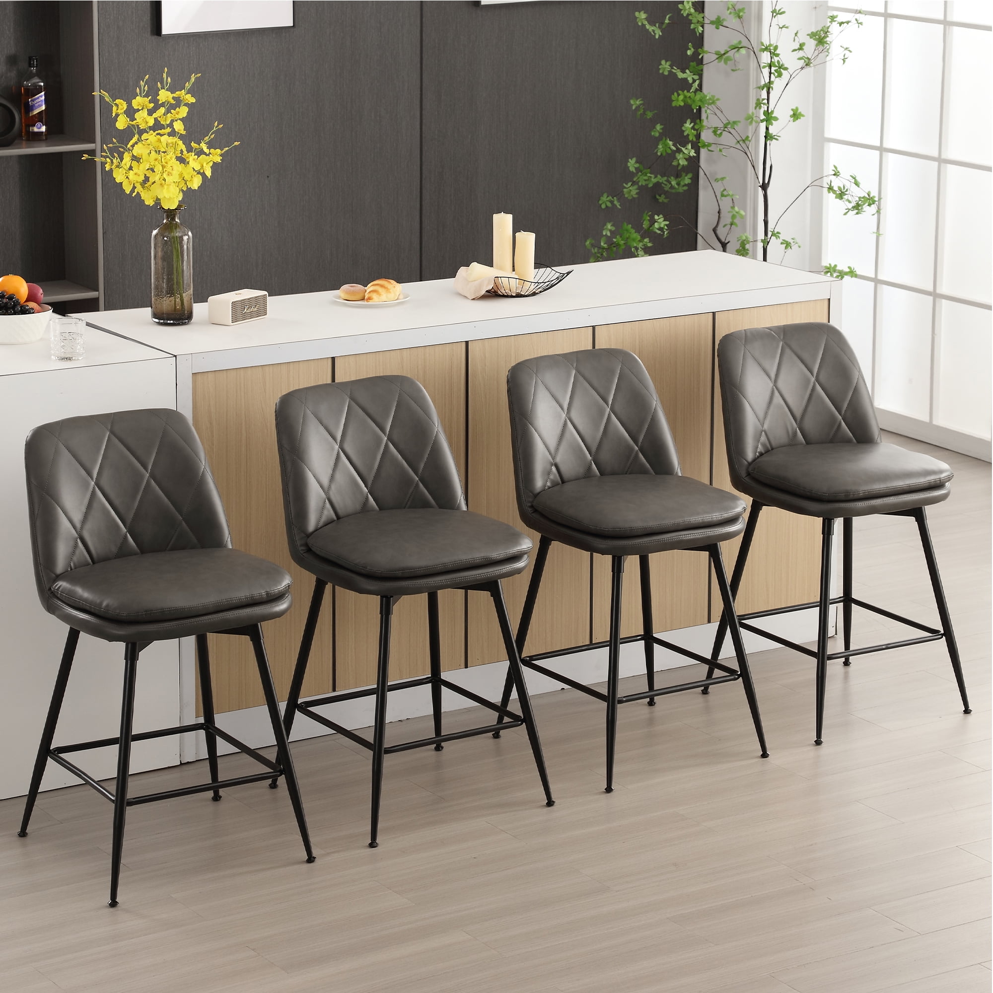 AUSTUFF 26" Swivel Counter Height Bar Stools Faux Leather Barstool Set