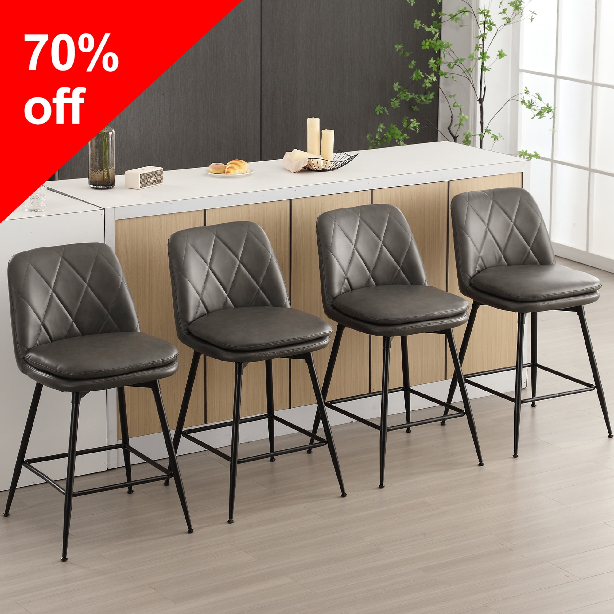 Set Of 2 Modern Swivel Bar Stools - 26" Counter Height With Walnut Bentwood Back, Faux Leather Seat & Footrest For Kitchen Island, Café