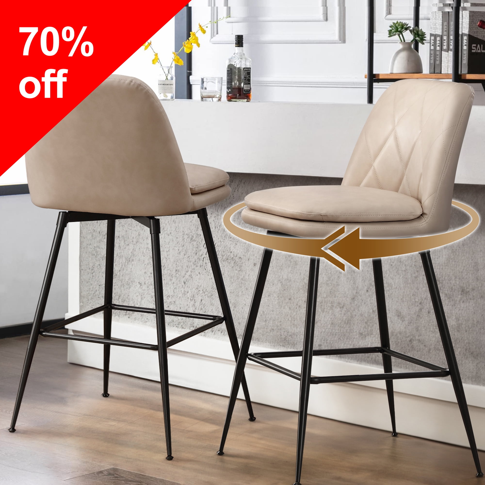 TEWLOSS 24 Counter Height Bar Stools Set of 2 Swivel Barstools Faux Leather Kitchen Chairs Cream