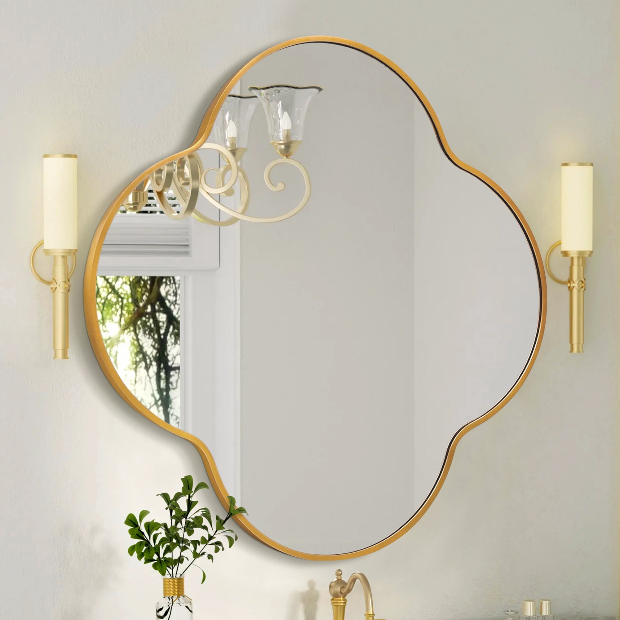 AUSTUFF Mirrors Wall Mirror Four-Leaf Clover Shape 32"x32", Gold ...