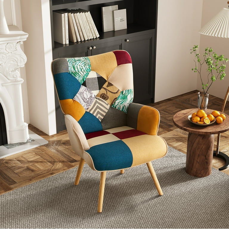AUSTUFF Patchwork Accent Chair Living Room Chairs with Wooden Leg
