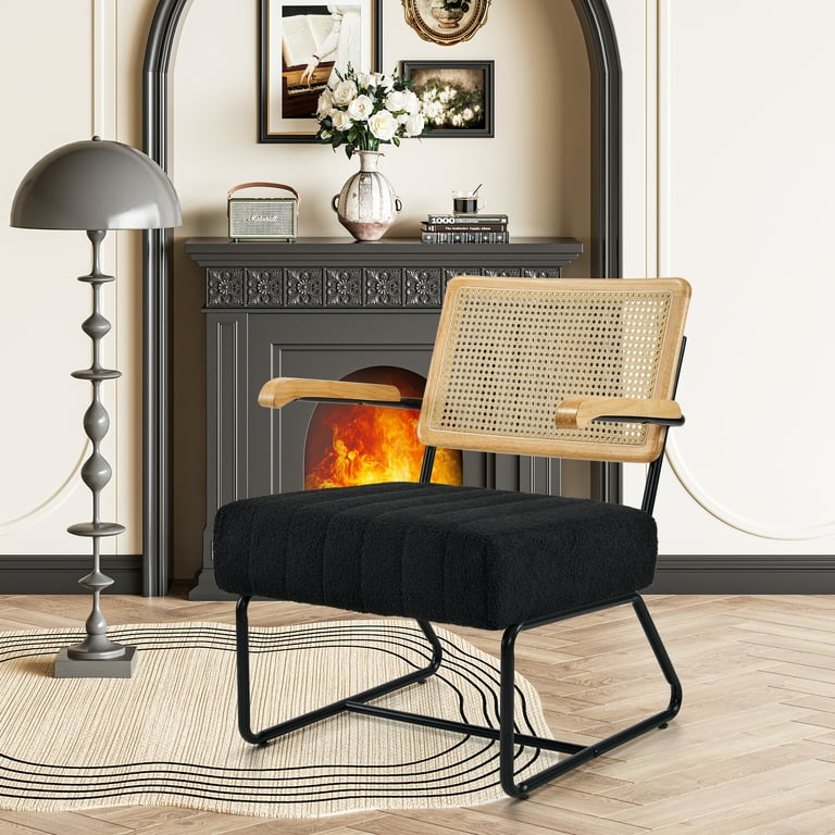 AUSTUFF Rattan Accent Chair Sherpa Fabric Chair Armchair Natural