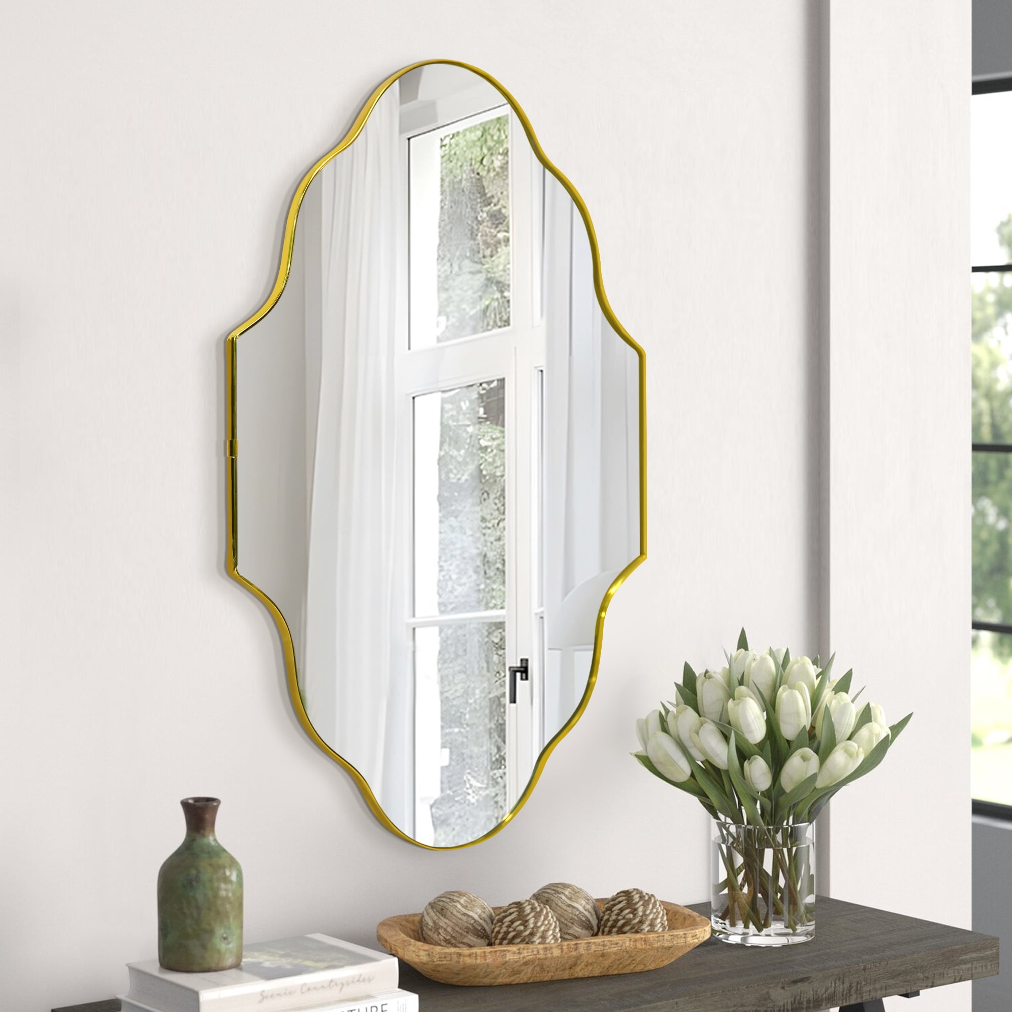 Gold Scalloped Rectangular Wall Mirror with Metal Frame
