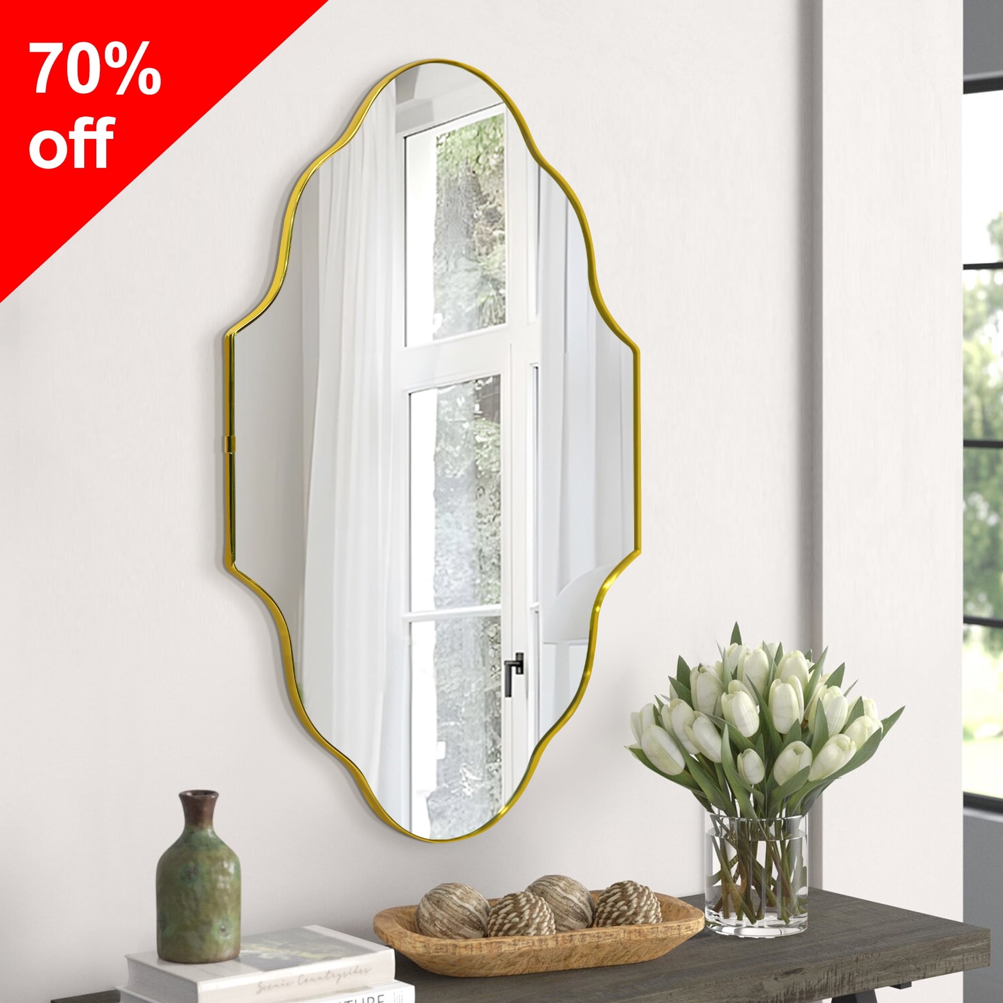 Gold Scalloped Rectangular Wall Mirror with Metal Frame