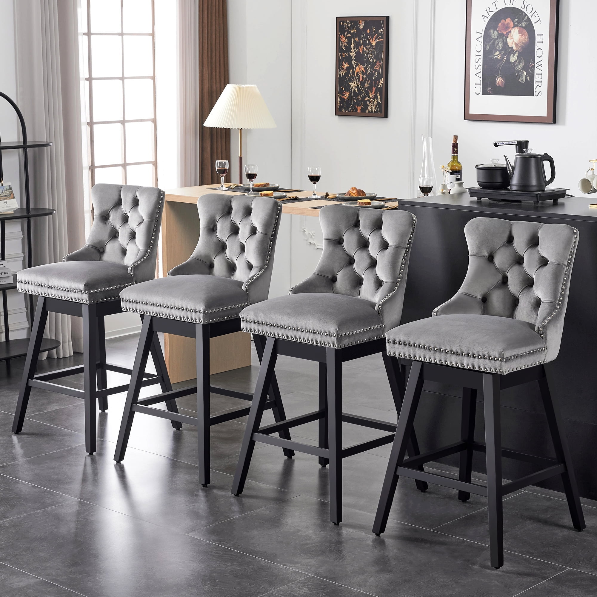 TEWLOSS Swivel Bar Stools Set of 4 - Counter Height, 26" Gray Velvet Barstools for Kitchen Island